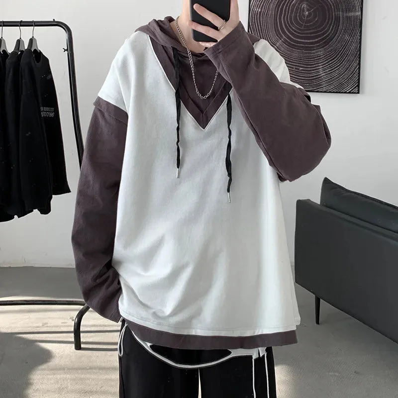 - Spring Cotton Hoodie Men Fashion Fake Two Piece Sweatshirt Streetwear Korean Loose Hip Hop Pullover Hoodies Mens Clothing M-5XL