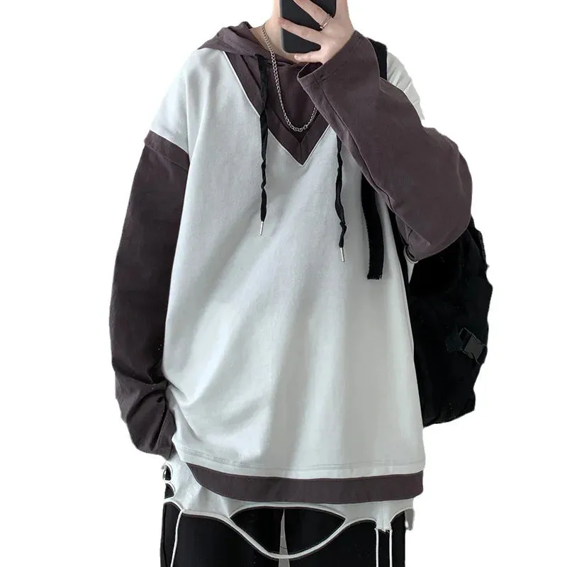 - Spring Cotton Hoodie Men Fashion Fake Two Piece Sweatshirt Streetwear Korean Loose Hip Hop Pullover Hoodies Mens Clothing M-5XL