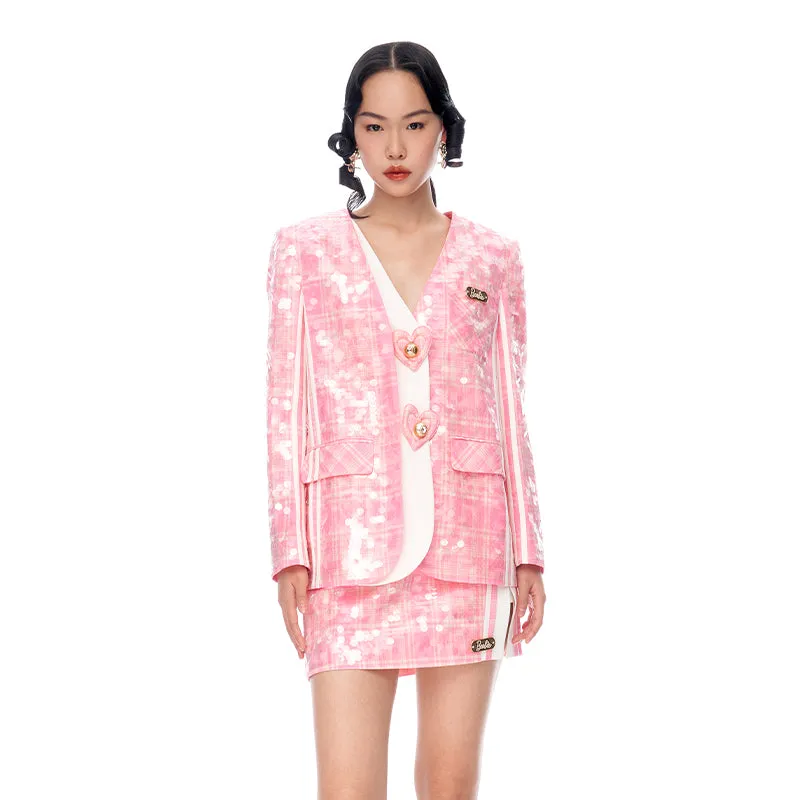 Barbie Pink Plaid sequin embroidered Love Heart Loose Fake Two Coats blazer jacket - Kendall