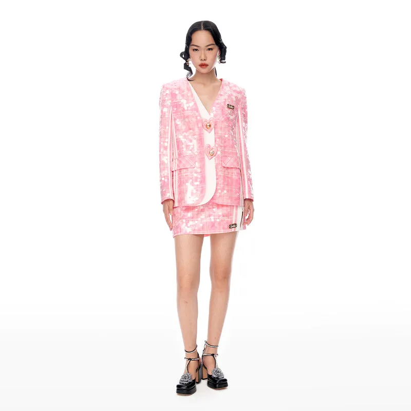 Barbie Pink Plaid sequin embroidered Love Heart Loose Fake Two Coats blazer jacket - Kendall