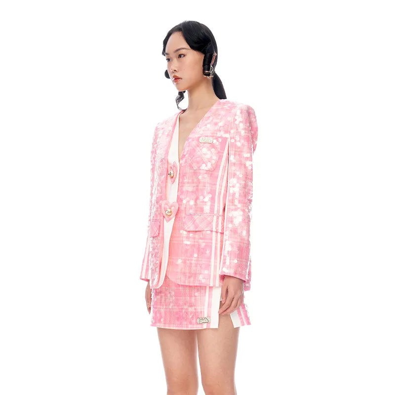 Barbie Pink Plaid sequin embroidered Love Heart Loose Fake Two Coats blazer jacket - Kendall