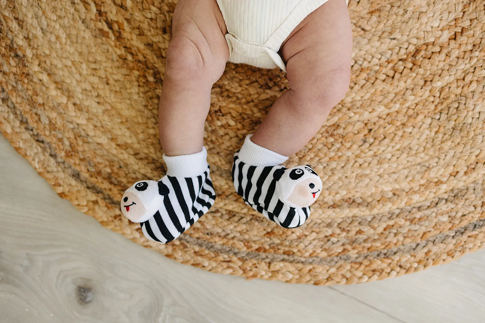 Black & White Pair of Panda Baby Booties with Rattle