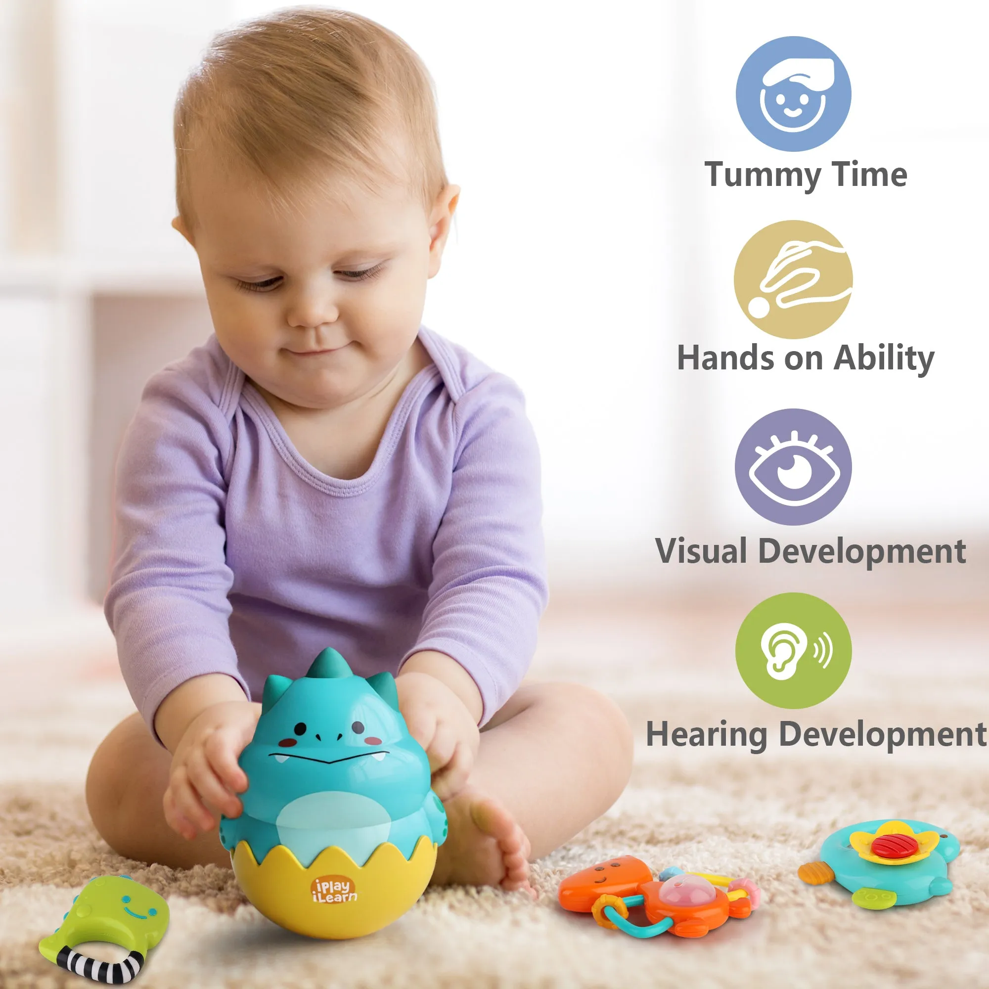 Dinosaur Teething Rattle, Tumbler Roly Poly Ball Rattles