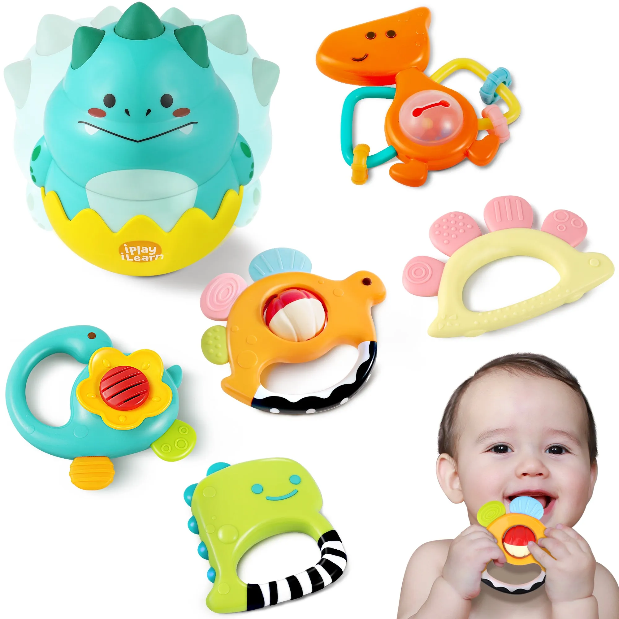 Dinosaur Teething Rattle, Tumbler Roly Poly Ball Rattles