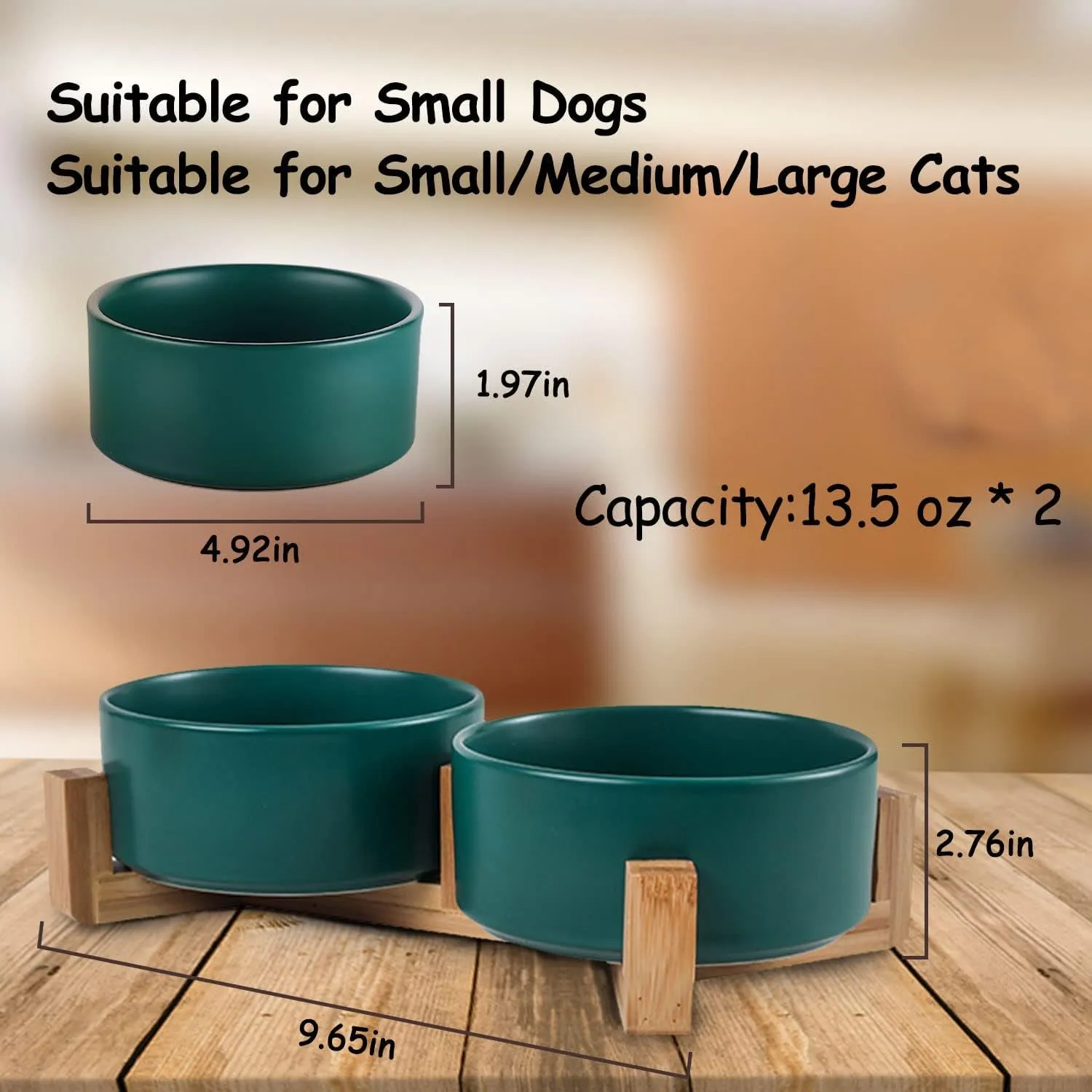 Dog Bowls,Green Ceramic Cat Dog Bowl Set with Stand for Food and Water Feeder,Non-Slip Cute Modern Pet Dishes for Cats Small Size Dogs Puppy (13.5OZ/5.1 In)