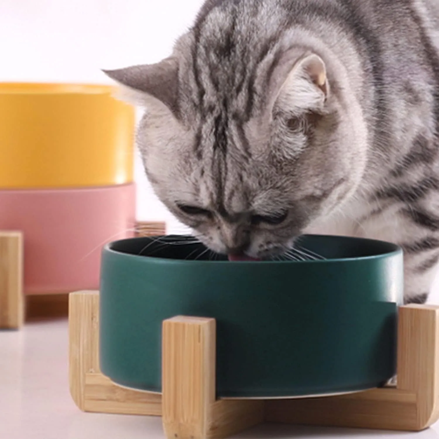 Dog Bowls,Green Ceramic Cat Dog Bowl Set with Stand for Food and Water Feeder,Non-Slip Cute Modern Pet Dishes for Cats Small Size Dogs Puppy (13.5OZ/5.1 In)