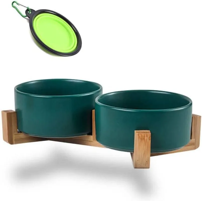 Dog Bowls,Green Ceramic Cat Dog Bowl Set with Stand for Food and Water Feeder,Non-Slip Cute Modern Pet Dishes for Cats Small Size Dogs Puppy (13.5OZ/5.1 In)