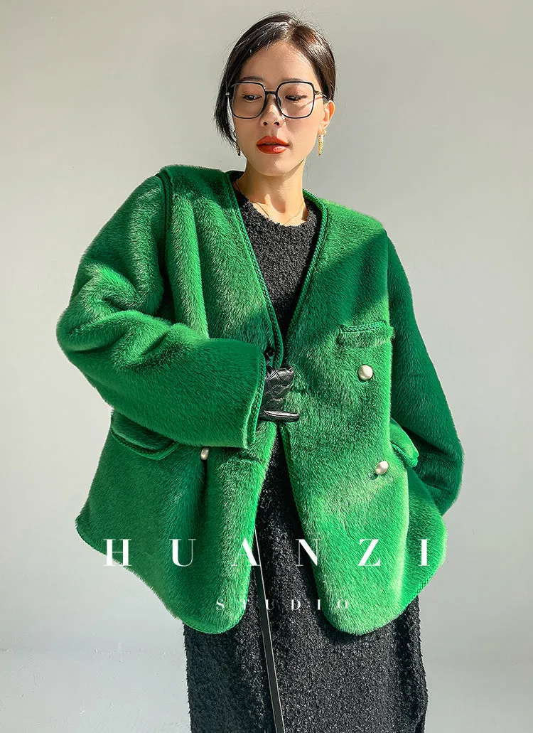 Huanzi green imitation fur autumn winter coat - Miiw