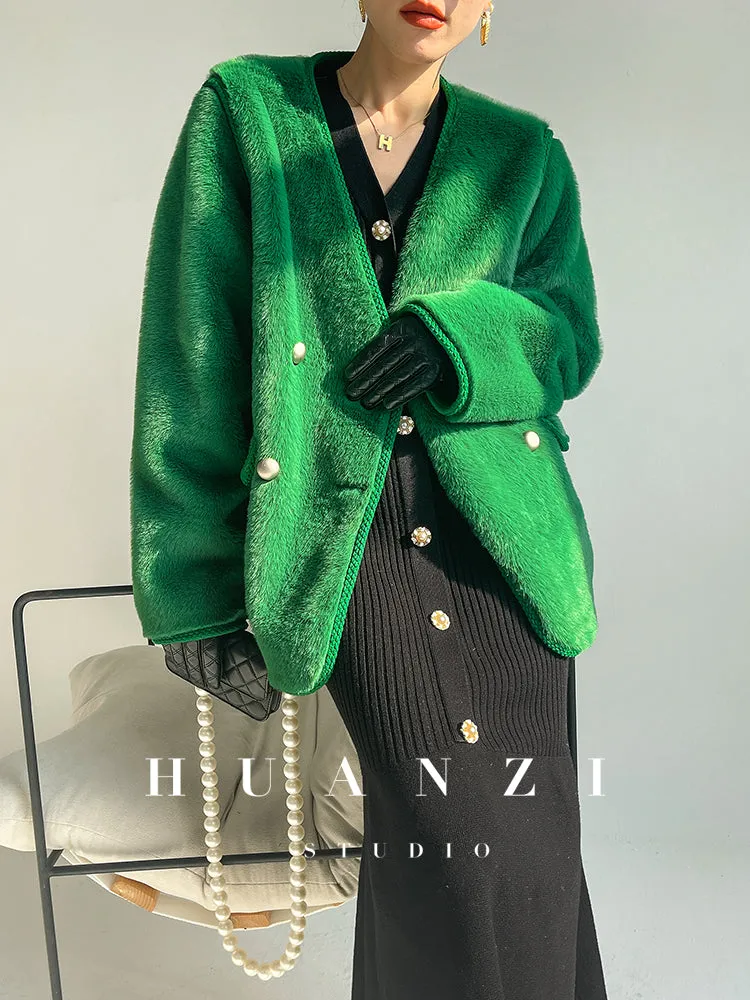 Huanzi green imitation fur autumn winter coat - Miiw