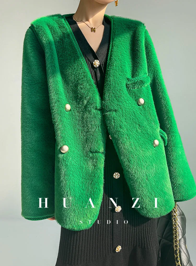 Huanzi green imitation fur autumn winter coat - Miiw