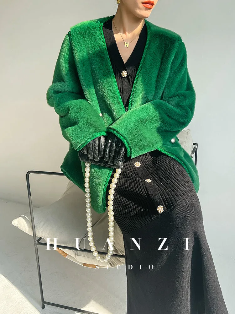 Huanzi green imitation fur autumn winter coat - Miiw