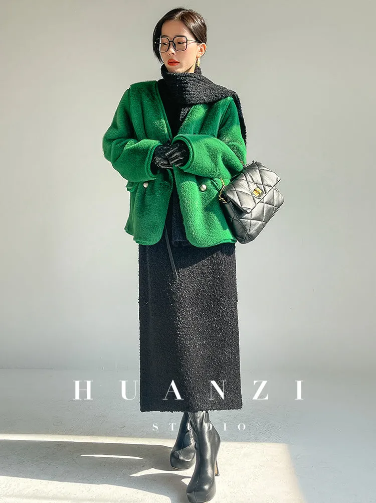 Huanzi green imitation fur autumn winter coat - Miiw